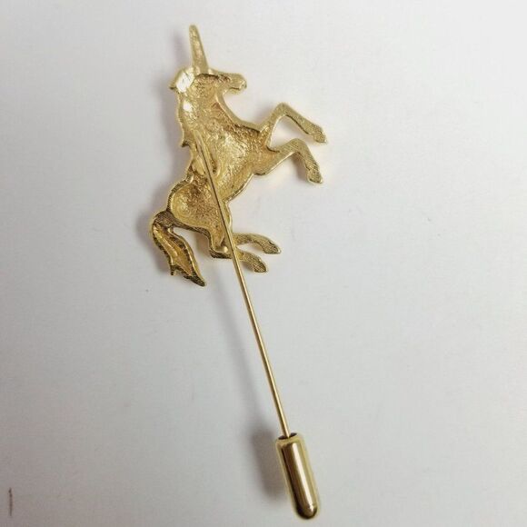 Vintage Unicorn Stick Pin, Gold Tone Rhinestone Eye Magical Creature Brooch - Picture 3 of 7